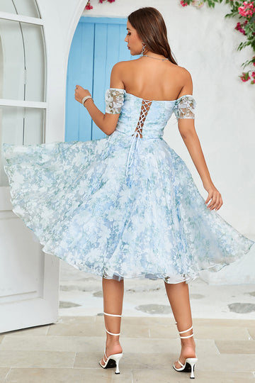 Robe de cocktail bleue imprimée Off The Shoulder